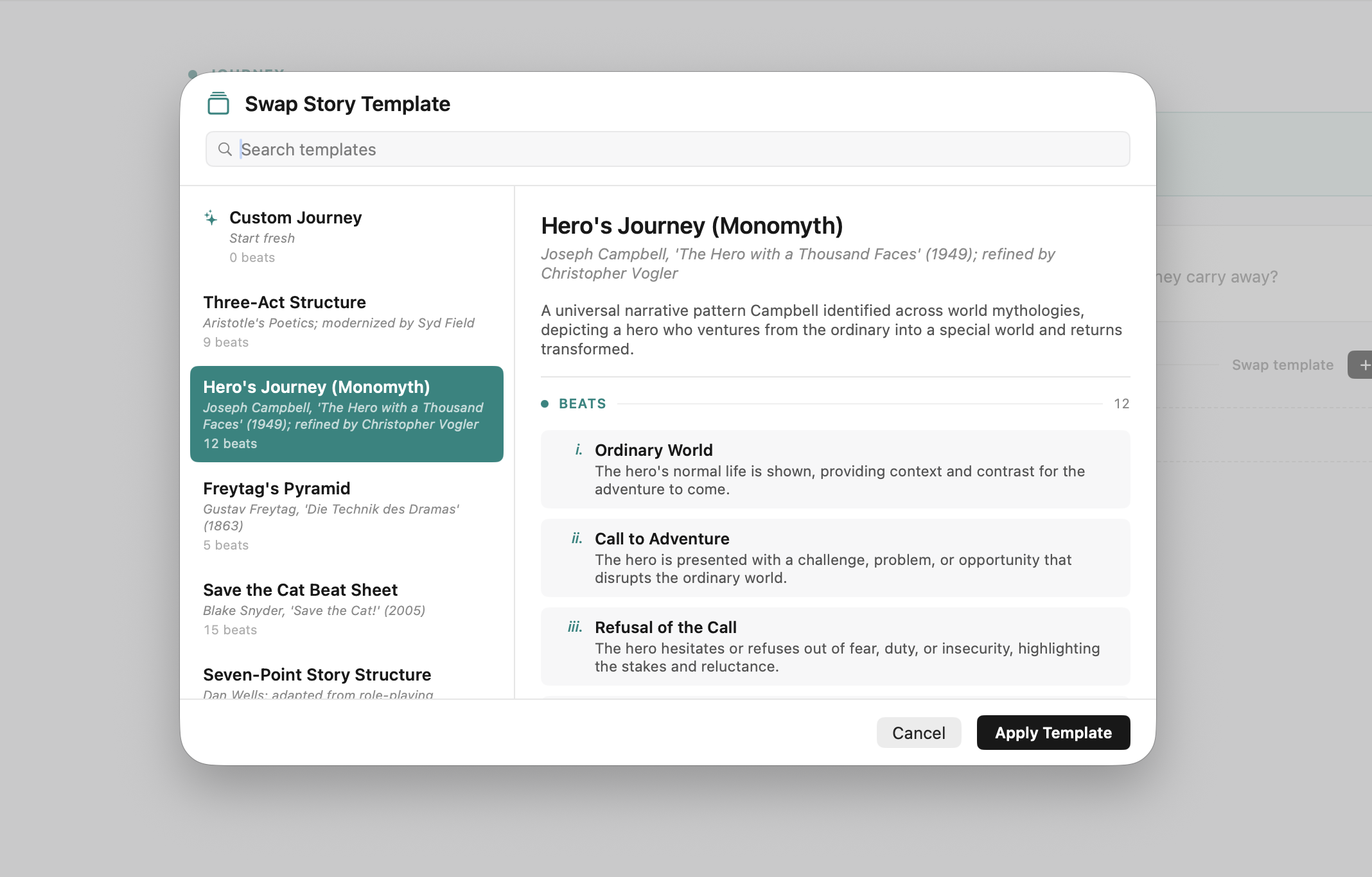 A Storiis character arc with a dramatic question, beginning and ending states, and connected journey developments